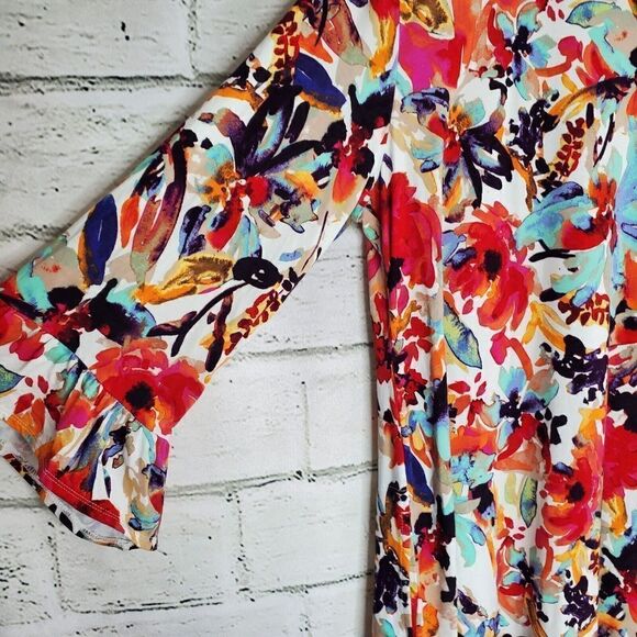 LOGO by Lori Goldstein Print Multi Color Rayon Cardigan Lace & Ruffles Womens S - Picture 6 of 8